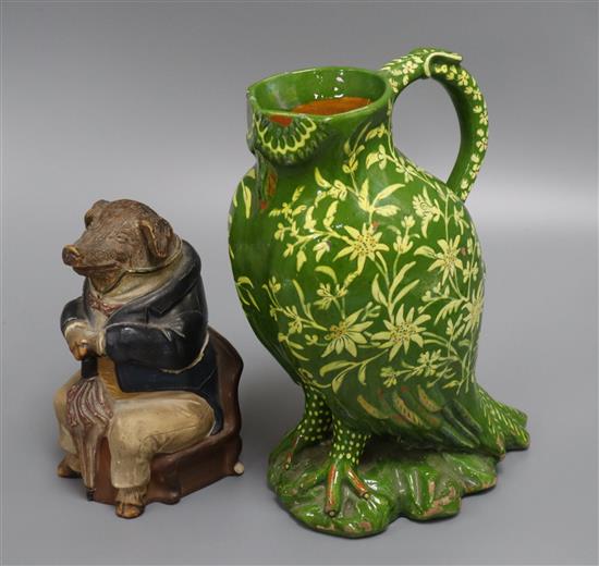A Johann Maresch pig jug and a Thoune Swiss pottery owl jug